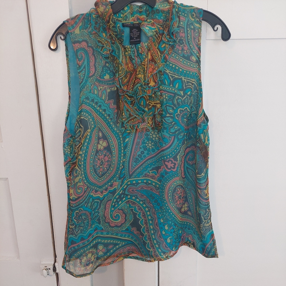 ELENA SOLANO 100% Silk Ruffle Blouse Size M
